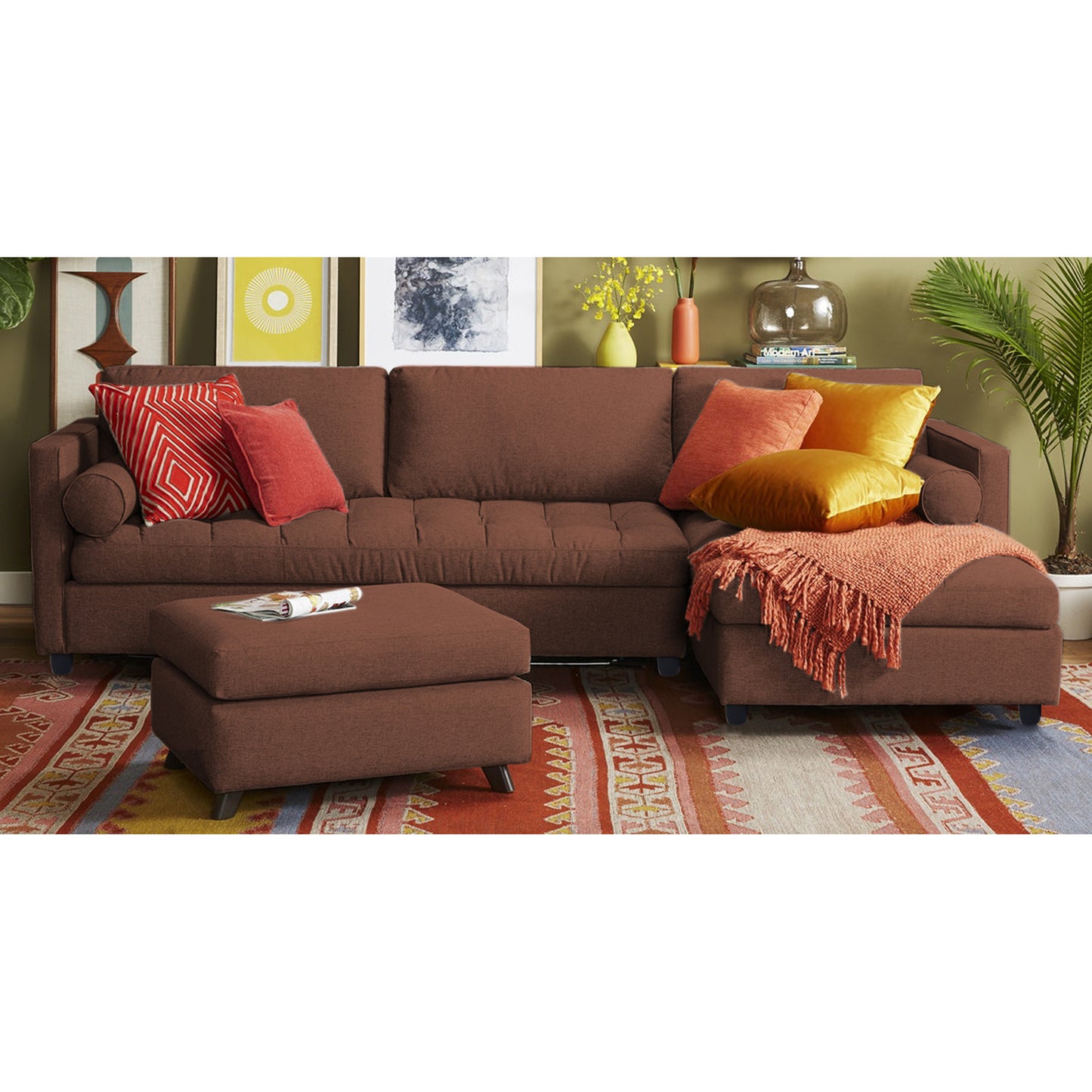 Adorn India Alexander L Shape 7 Seater Sofa Set with Ottoman Puffy RHS (Brown) (3 Year Warranty)