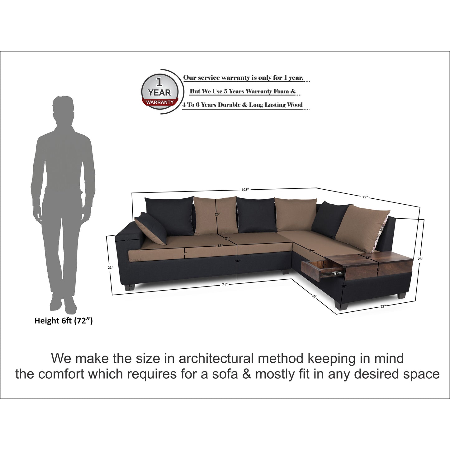 Adorn India Orlando Fabric L Shape Sofa (Black & Camel)
