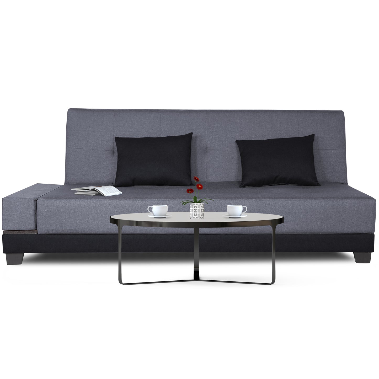 Adorn India Exclusive Two Tone Blake Three Seater Sofa Cum Bed (Dark Grey & Black), Wood, Foam