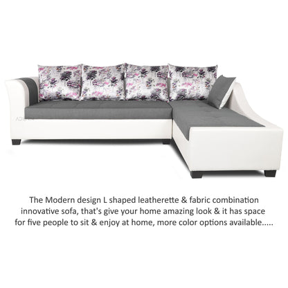 Adorn India Aliana L Shape Leatherette Fabric Sectional 6 Seater Sofa Set RHS (Light Grey and White) (3 Year Warranty)