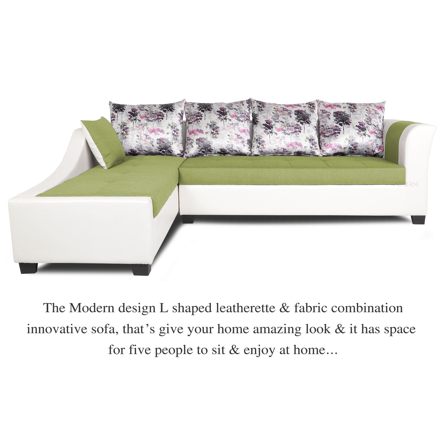 Adorn India Aliana L Shape Leatherette Fabric 6 Seater Sofa Set LHS (Green & White) (3 Year Warranty)
