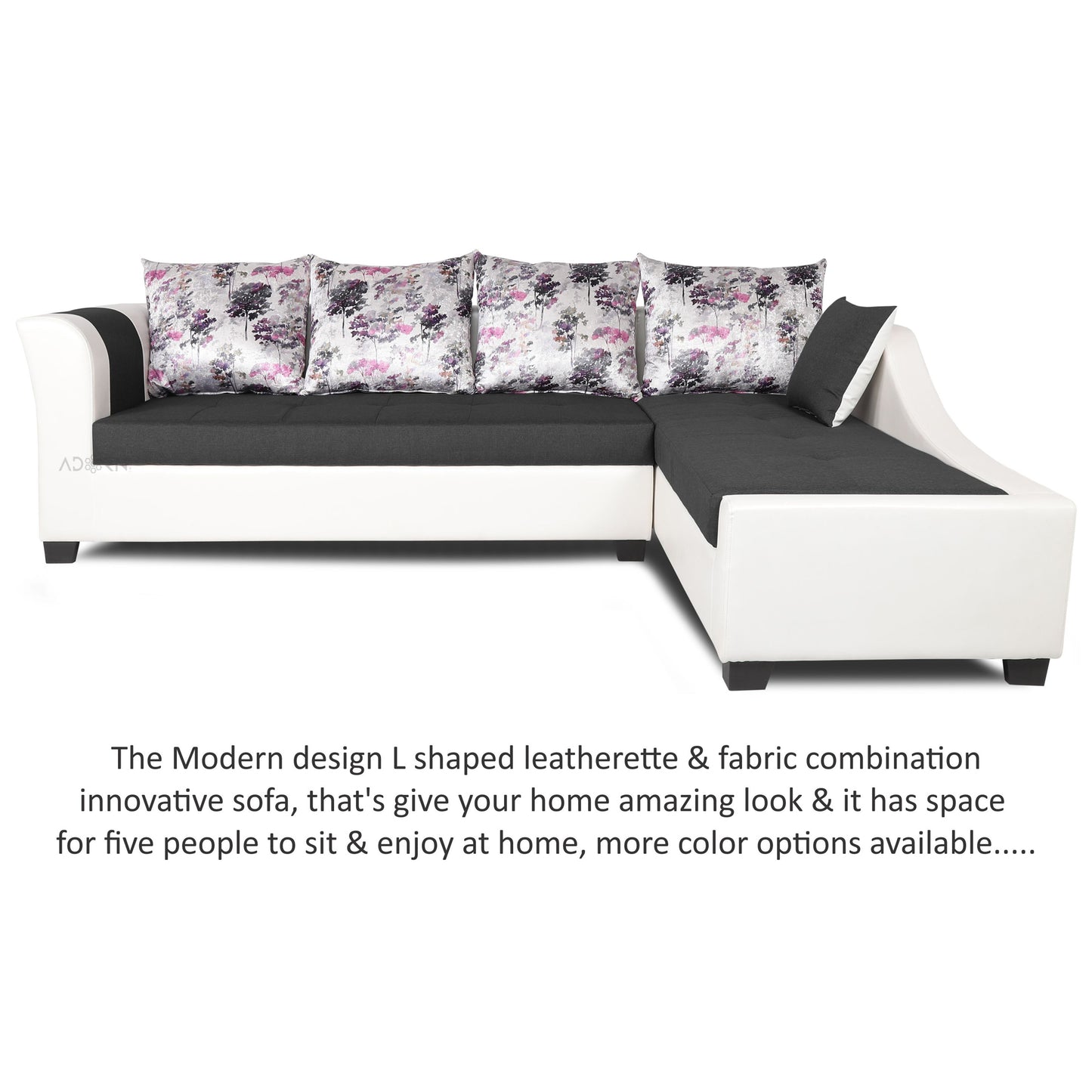 Adorn India Aliana L Shape Leatherette Fabric 6 Seater Sofa Set RHS (Dark Grey & White) (3 Year Warranty)