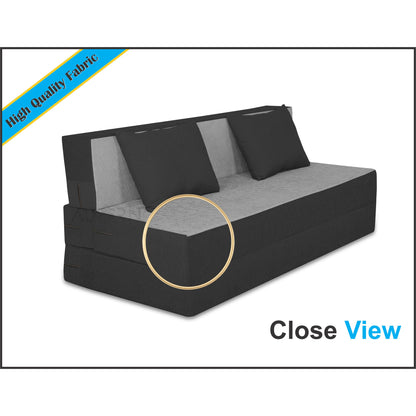 Adorn India Easy 2 Seater Sofa Cum Bed (2 Years Warrenty Quality Foam)-Perfect for Seat & Sleep Washeble Polyster Fabric Cover (Black & Grey) 4'x6'.Pillows Free (1 Year Warranty)