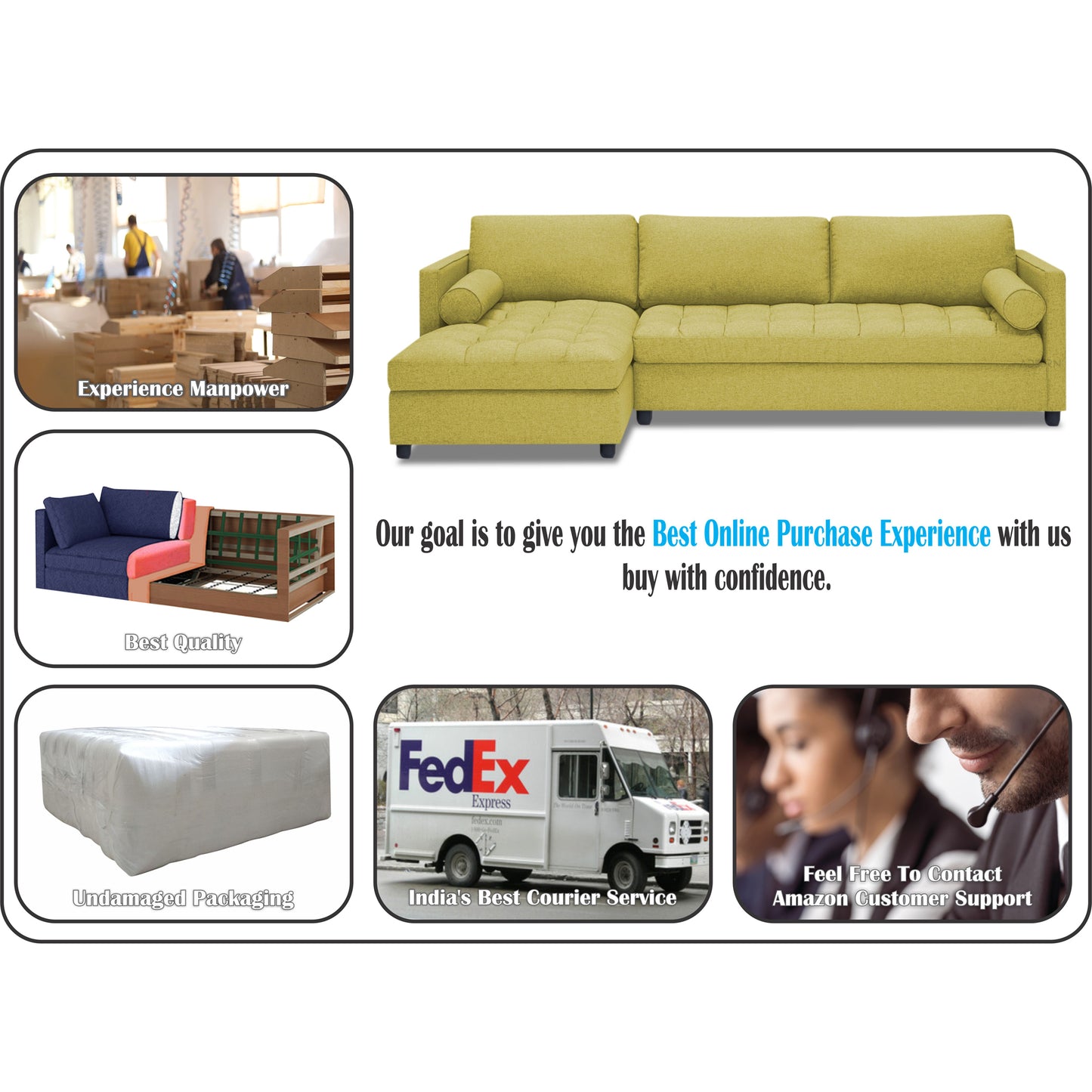 Adorn India Alexander L Shape 7 Seater Sofa Set with Ottoman Puffy LHS (Green) (3 Year Warranty)