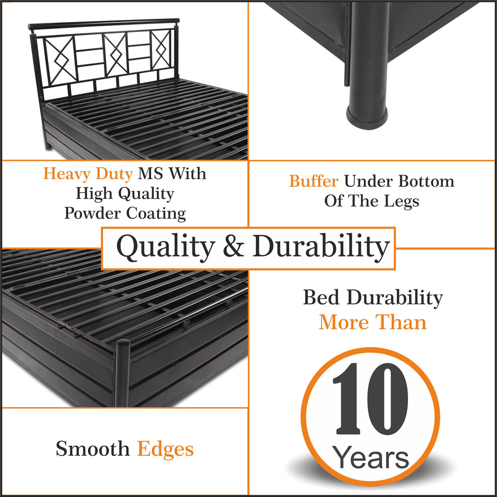 Adorn India Metal Box Spring Queen Bed with Storage-(Matte_Black)