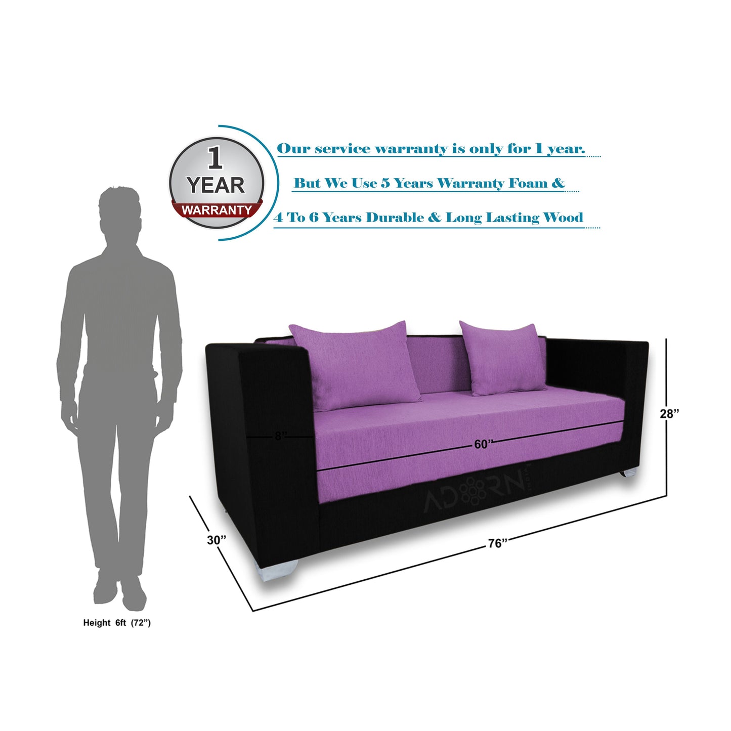 Adorn India Almond 3 Seater Sofa cumbed(Light Purple & Black)