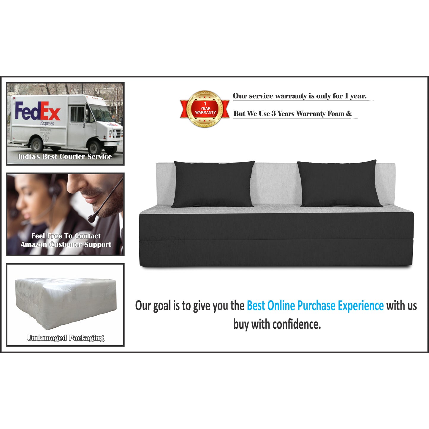 Adorn India Easy 4 Seater Sofa Cum Bed (2 Years Warrenty Quality Foam)-Perfect for Seat & Sleep Washeble Polyster Fabric Cover (Black & Grey) 6'x6'.Pillows Free (1 Year Warranty)