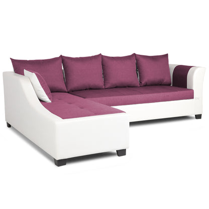 Adorn India Aliana L Shape Leatherette Fabric 6 Seater Sofa Set LHS (Dark Purple & White) (3 Year Warranty)