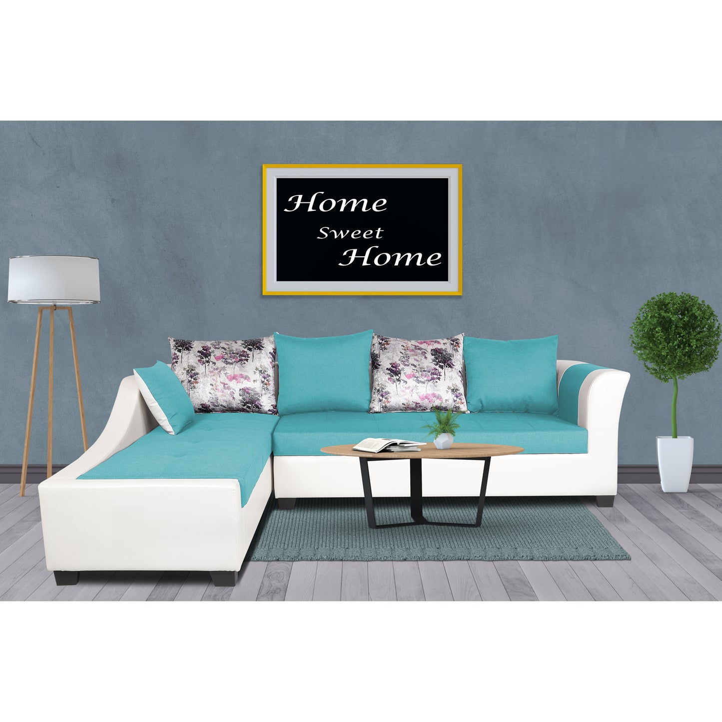 Adorn India Aliana L Shape Leatherette Fabric 6 Seater Sofa Set LHS (Aqua Blue & White) (3 Year Warranty)