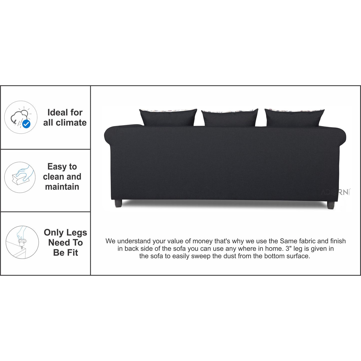 Adorn India Magnum 3 Seater Sofa (Black)