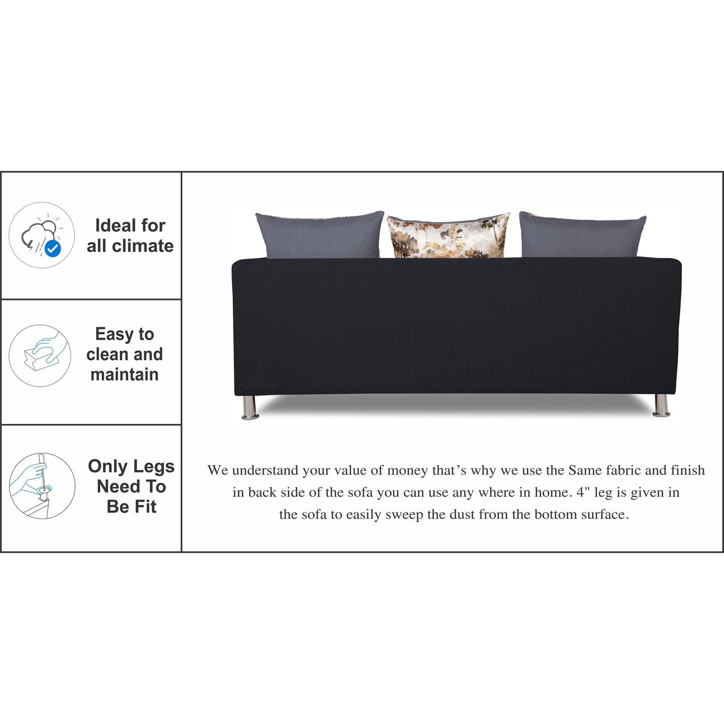 Adorn India Exclusive Two Tone Alita Compact 3-1-1 Sofa Set (Dark Grey & Black), Wood, Foam