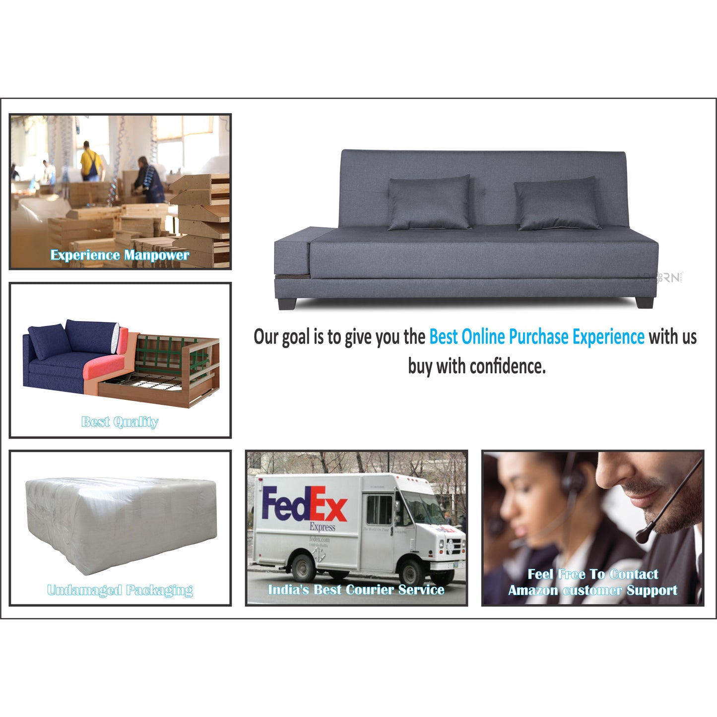 Adorn India Blake 3 Seater Sofa Cum Bed (Dark Grey), Wood, Foam