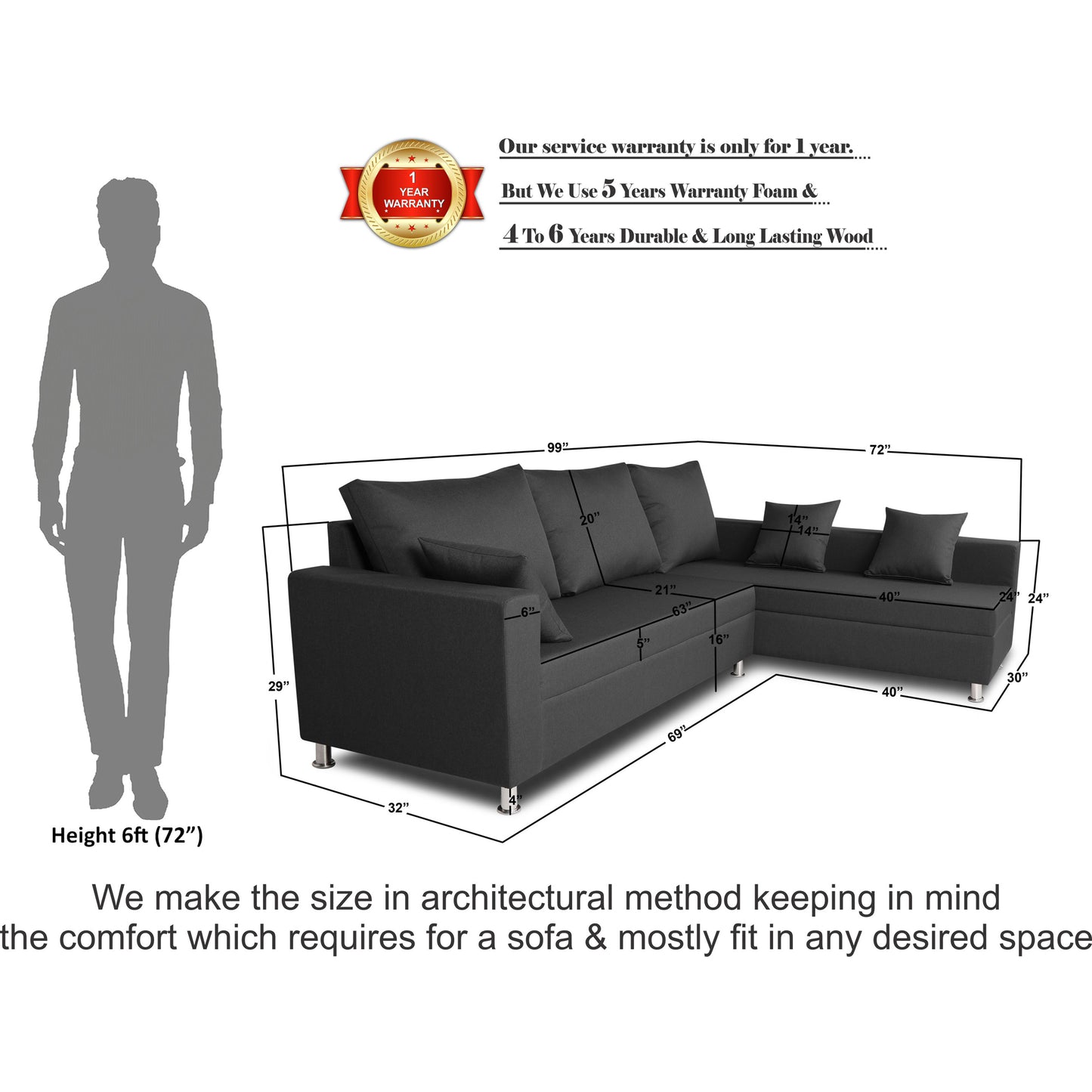 Adorn India Sal Straight line L Shape Sofa (Dark Grey)