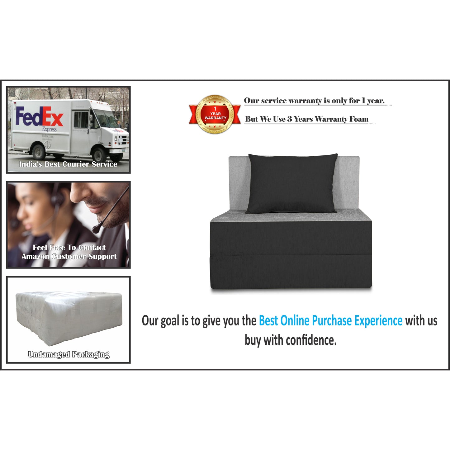 Adorn India Easy Single Seater Sofa Cum bed 3'x6' (Black and Grey)