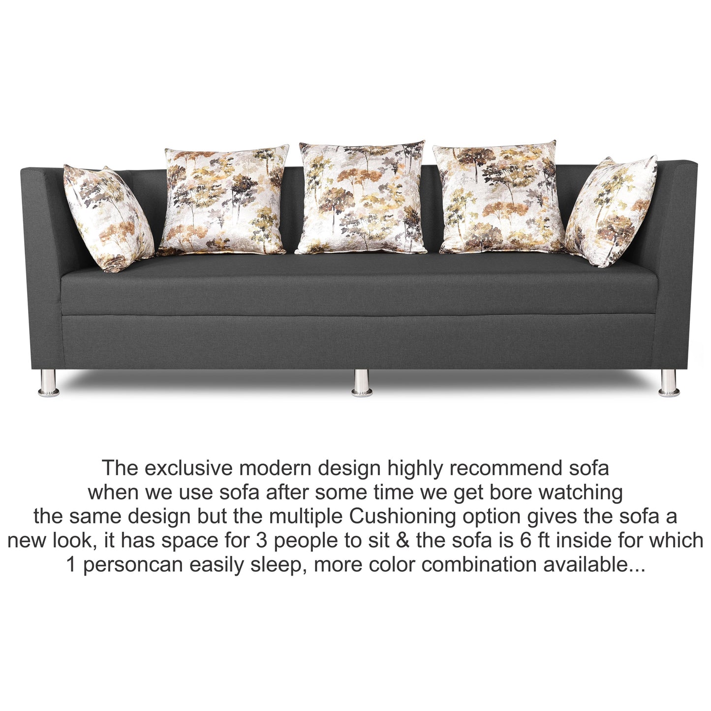 Adorn India Alica 3 Seater Sofa (Dark Grey), Wood, Foam