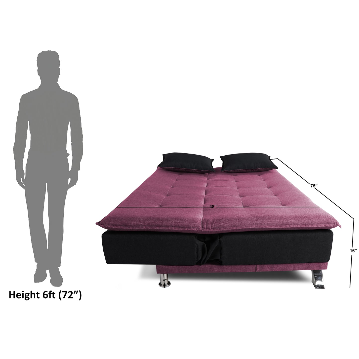 Adorn India Exclusive Two Tone Arden 4 Seater Sofa Cum Bed 4 x 6 (Light Purple & Black) (3 Year Warranty)