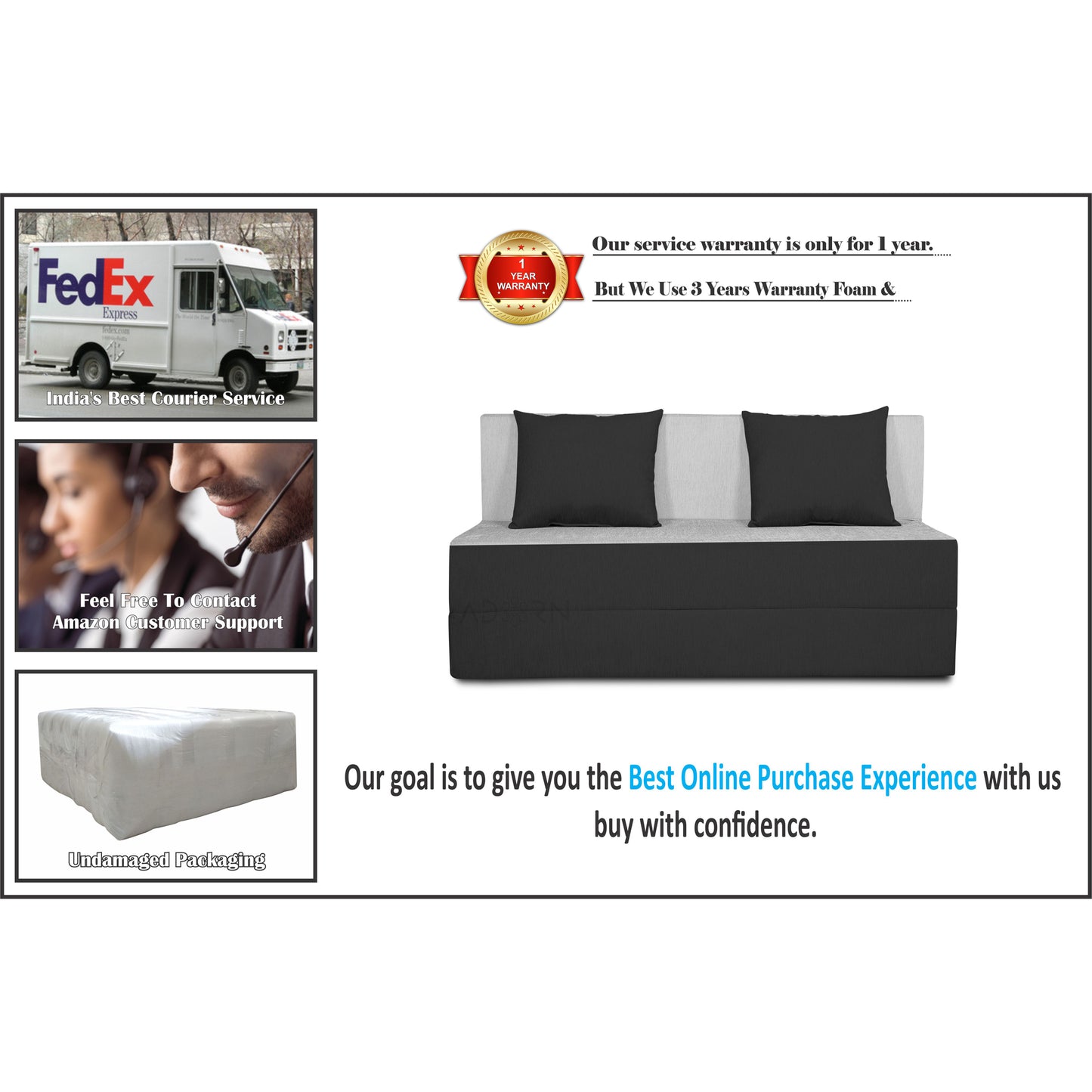 Adorn India Easy 2 Seater Sofa Cum Bed (2 Years Warrenty Quality Foam)-Perfect for Seat & Sleep Washeble Polyster Fabric Cover (Black & Grey) 4'x6'.Pillows Free (1 Year Warranty)
