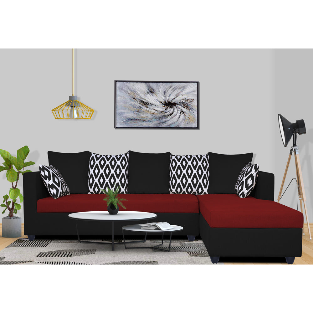 Adorn India Zink Straight line L Shape 5 Seater Sofa Rhombus Cushion(Maroon & Black), Wood, Foam
