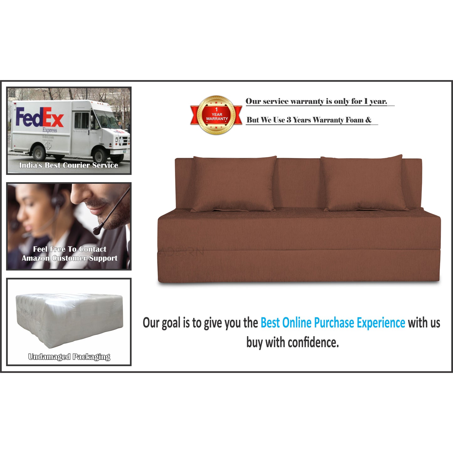 Adorn India Easy Three Seater Sofa Cum Bed Alyn 5'x 6' (Brown) (1 Year Warranty)