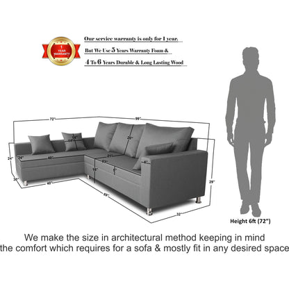 Adorn India Straight Line 6 seater L Shape Sofa set (Left Side Handle)(Light Grey)