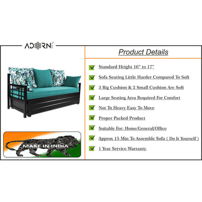 Adorn India Polar Black Metal Three Seater Sofa Cum Bed with Storage (6 x 5) (Aqua Blue)