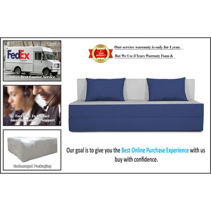 Adorn India Easy 4 Seater Sofa Cum Bed (2 Years Warrenty Quality Foam)-Perfect for Seat & Sleep Washeble Polyster Fabric Cover (Blue & Grey) 6'x6'.Pillows Free (1 Year Warranty)