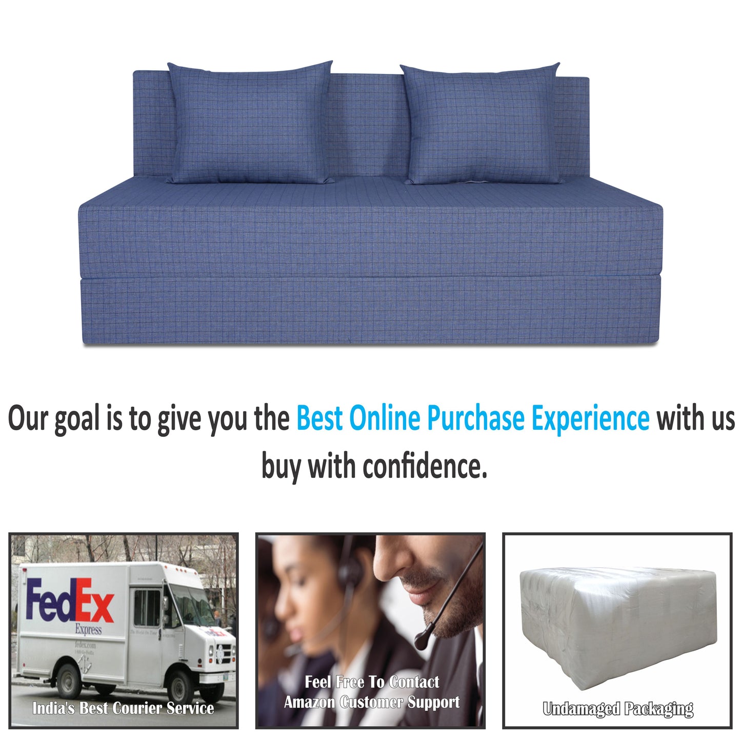 Adorn India Easy Three Seater Sofa Cum Bed Checks Design 5' x 6' (Grey)