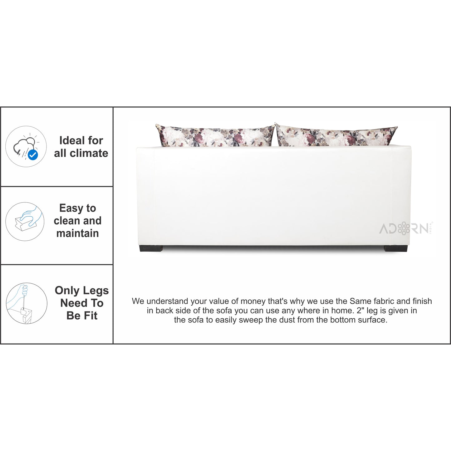 Adorn India Straight line Leathertte 3 Seater Sofa Cum Bed (White)