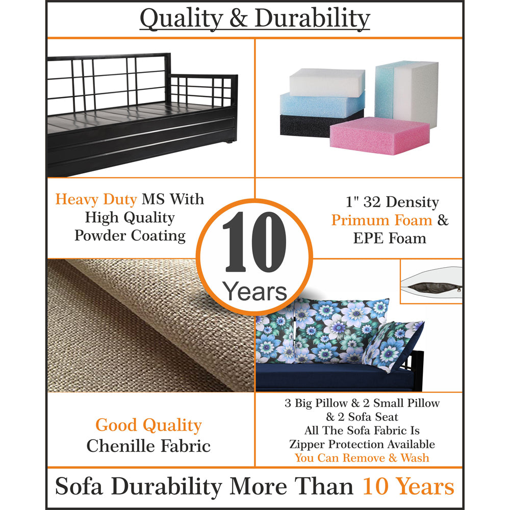 Adorn India Polar Black Metal Three Seater Sofa Cum Bed with Storage (6 x 5) (Blue)