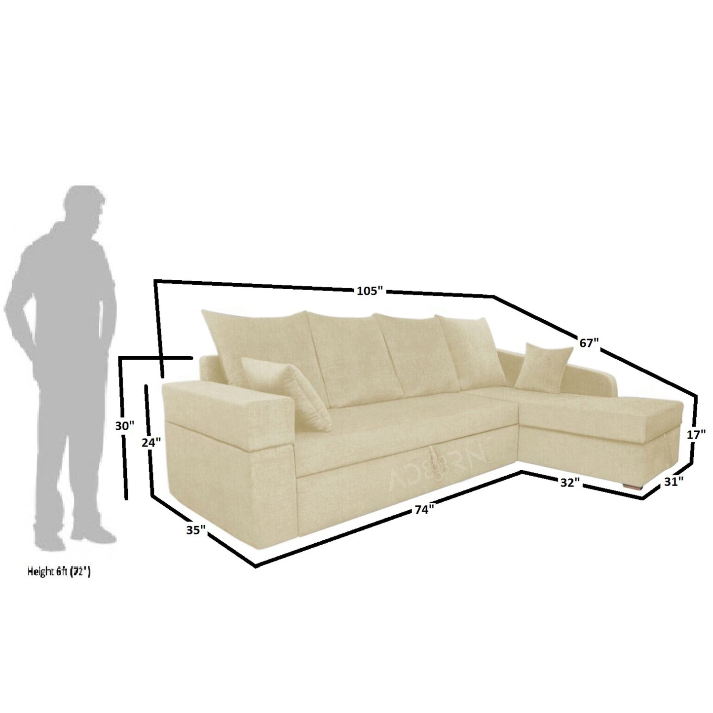 Adorn India Comfort Line L Shape 6 Seater Corner Sofa Cum Bed RHS (Beige)