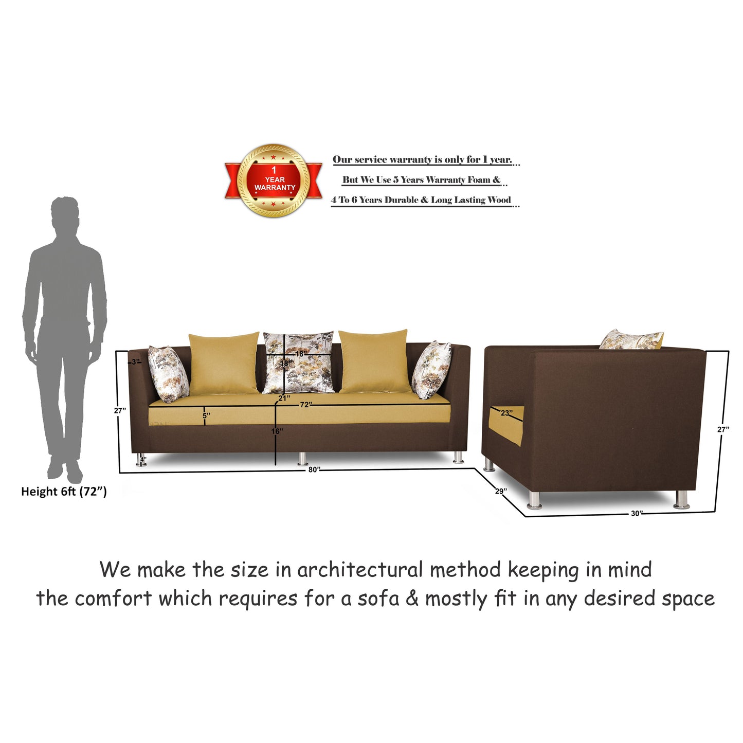 Adorn India Exclusive Two Tone Alica 3-1-1 Five Seater Sofa Set (Brown & Beige), Wood, Foam