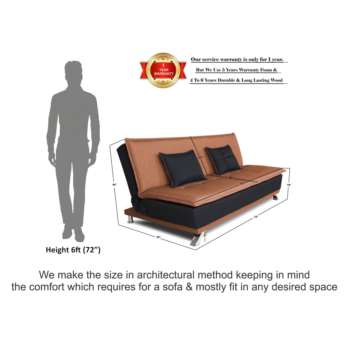 Adorn India Exclusive Two Tone Arden 4 Seater Sofa Cum Bed 4 x 6 (Rust & Black) (3 Year Warranty)