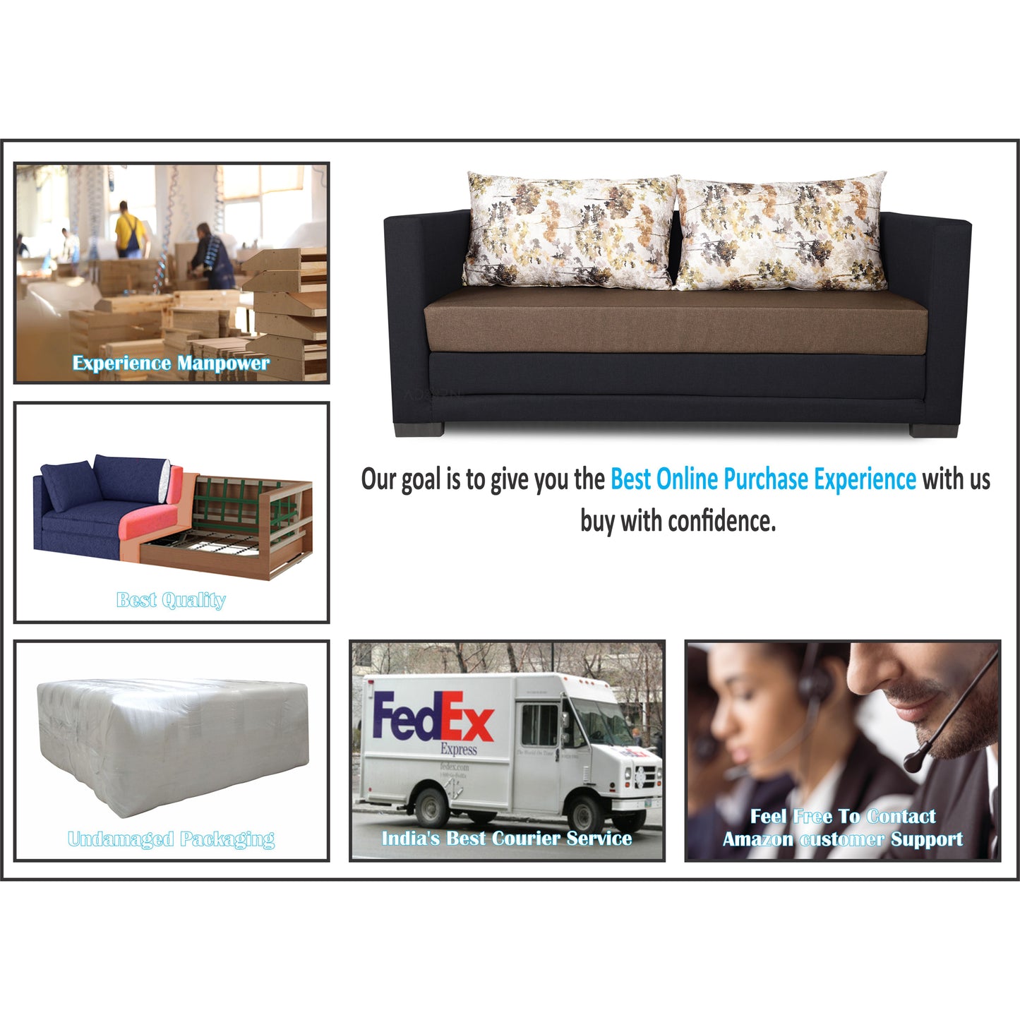 Adorn India Exclusive Two Tone Straight Line Three Seater Sofa Cum Bed (Camel & Black), Wood, Foam