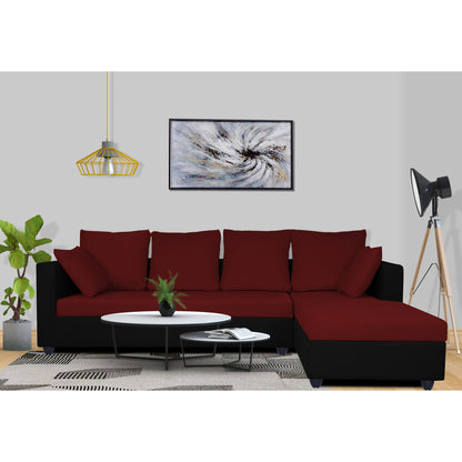 Adorn India Zink Straight line L Shape 6 Seater Sofa Plain Cushion (Maroon & Black)
