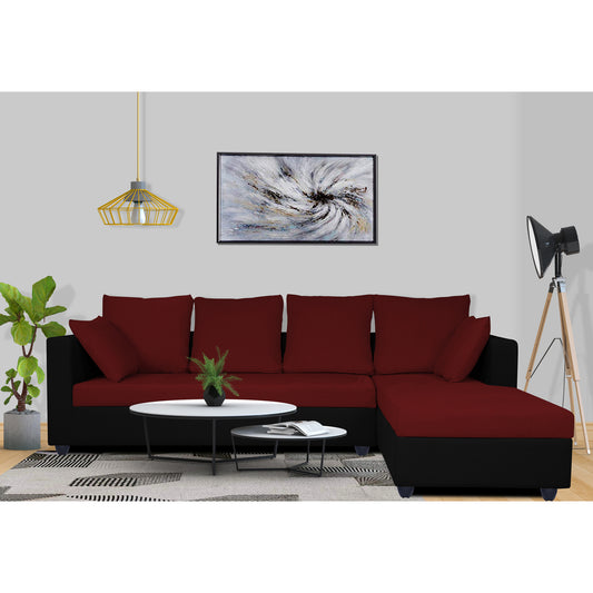 Adorn India Zink Straight line L Shape 6 Seater Sofa Plain Cushion (Maroon & Black)