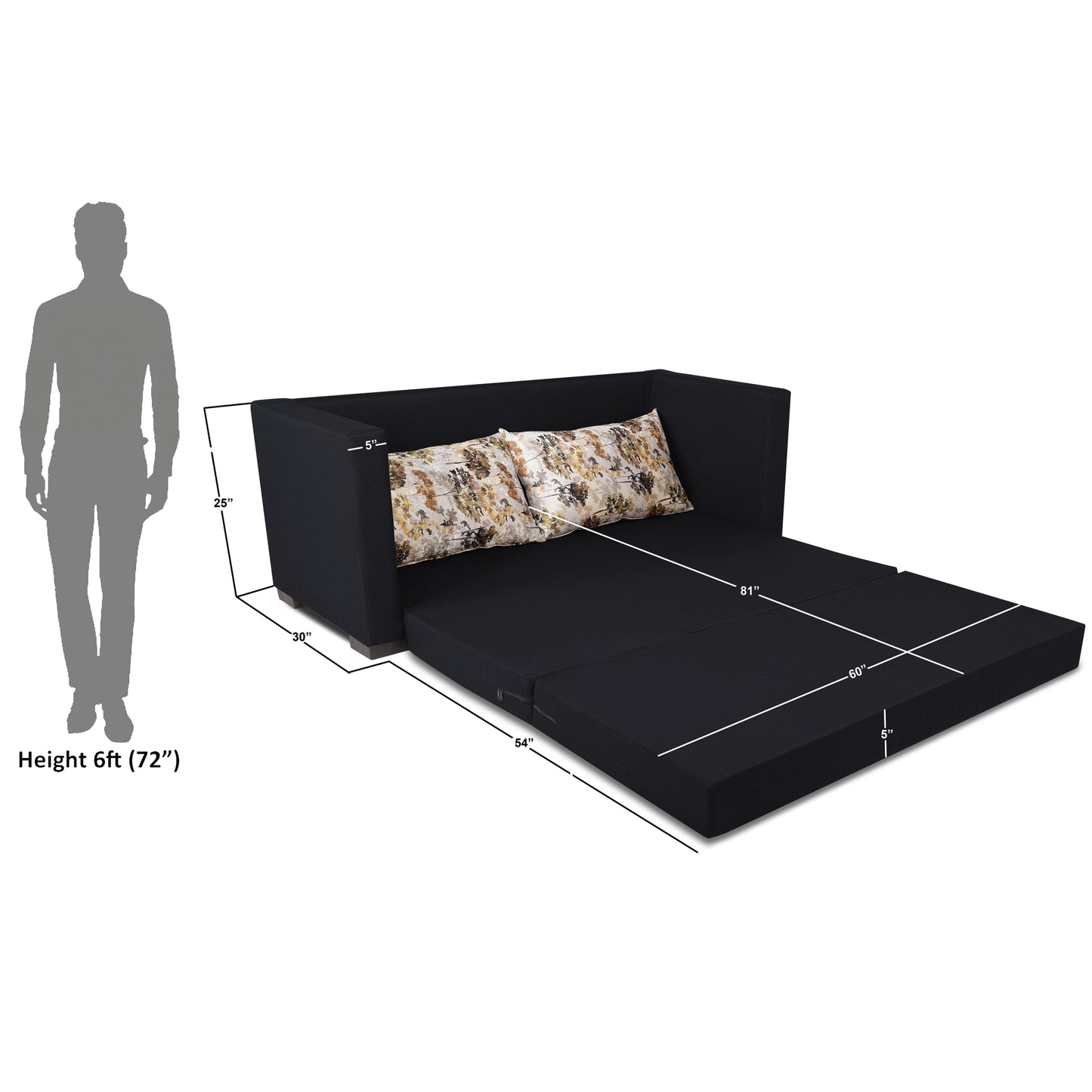 Adorn India Straight line 3 Seater Sofa Cum Bed (Black), Wood, Foam