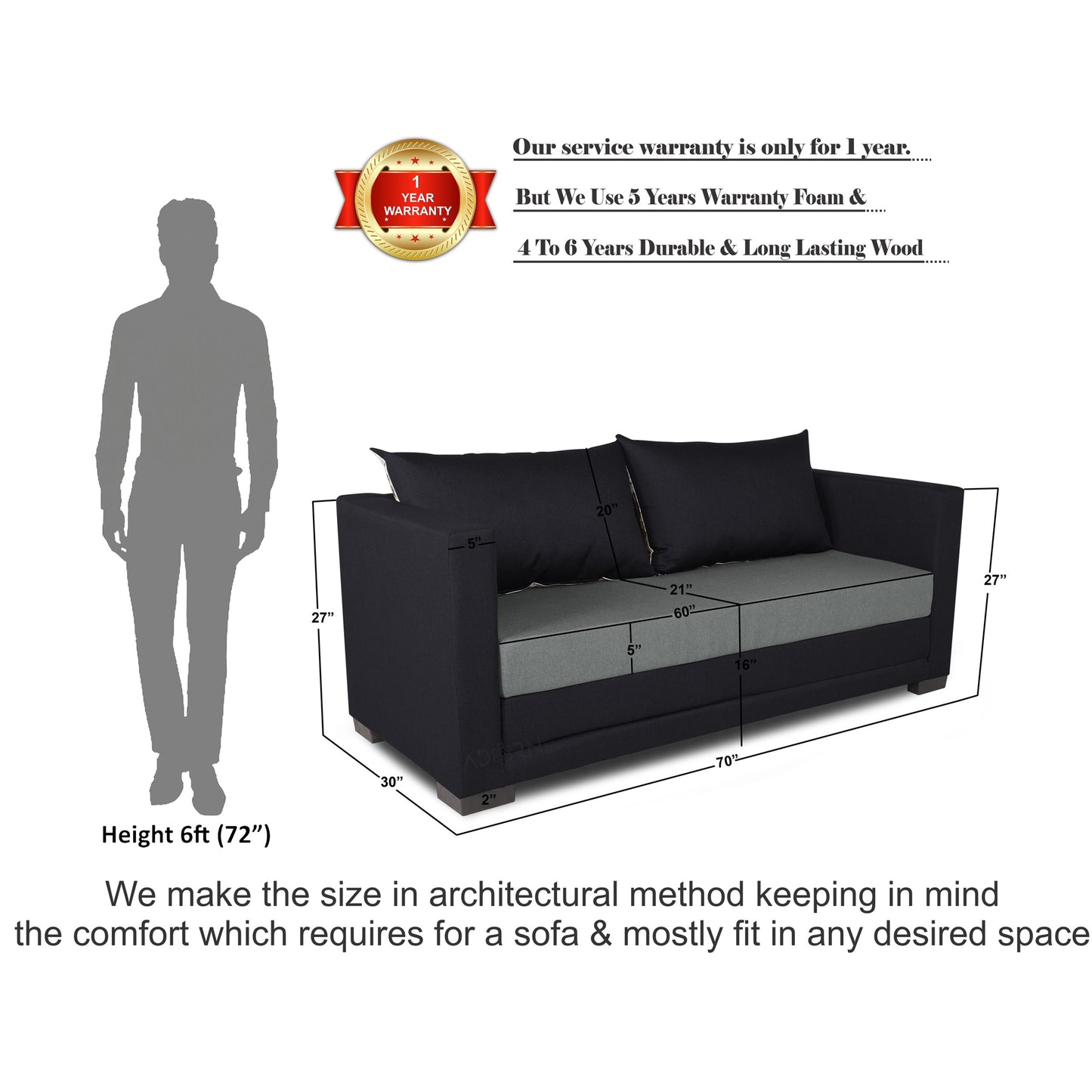 Adorn India Exclusive Two Tone Straight Line Three Seater Sofa Cum Bed (Black & Grey)
