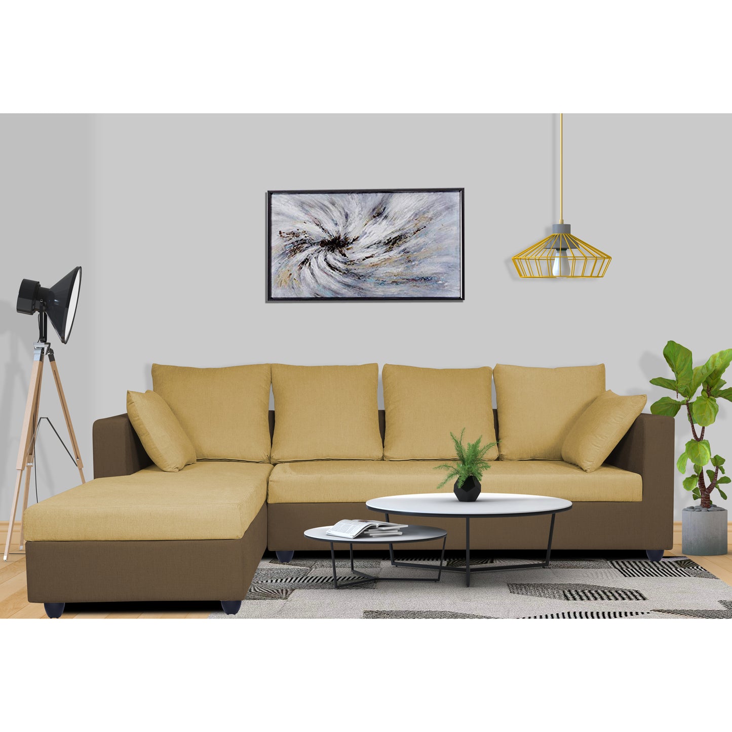 Adorn India Zink Straight line L Shape 6 Seater Sofa Plain Cushion (Left Side Handle)(Brown & Beige)