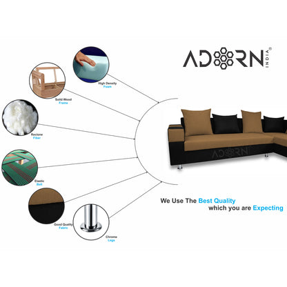 Adorn India Adillac 5 Seater Corner Sofa(Camel & Black), Wood, Foam
