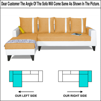 Adorn India Ashley Stripes Leatherette Fabric L Shape 8 Seater Sofa Set with 2 Ottoman Puffy & Center Table LHS (Beige & White) (3 Year Warranty)