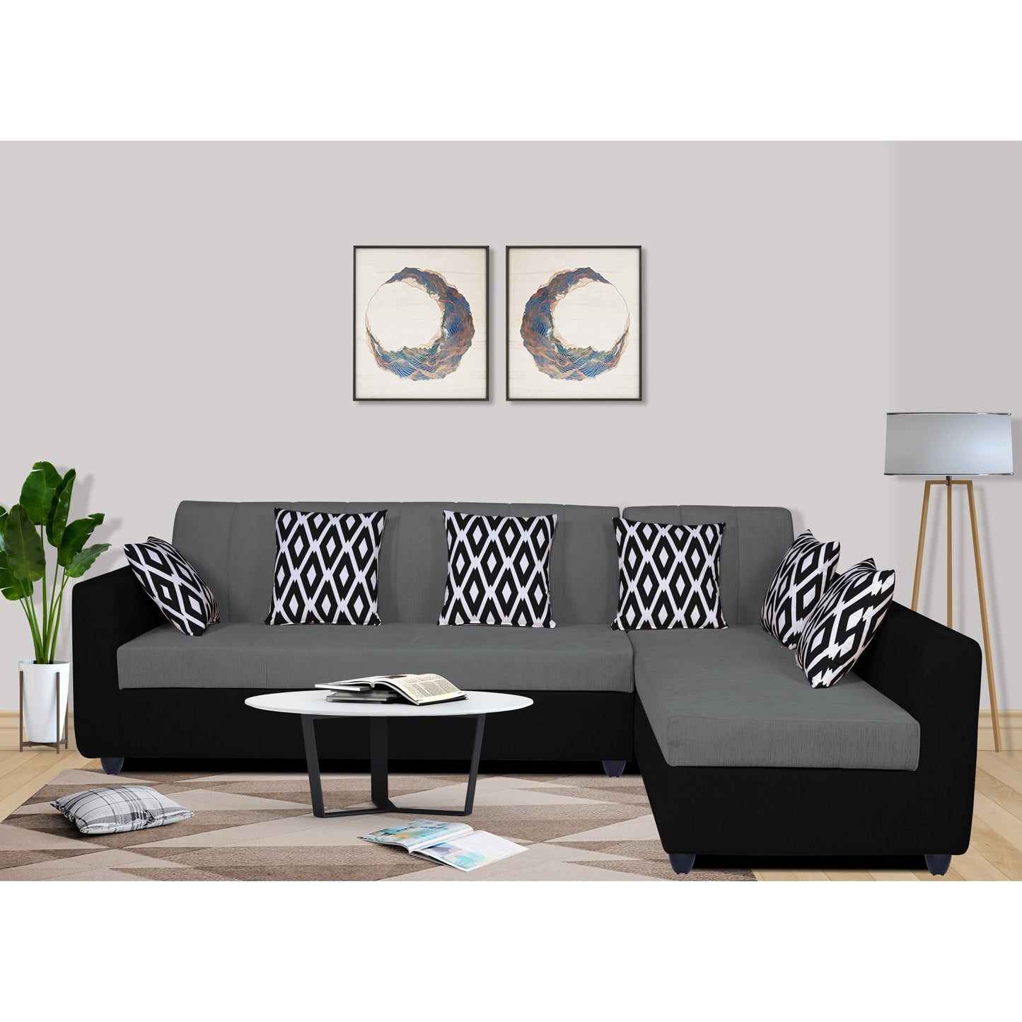 Adorn India Rio Highback L Shape 5 Seater coner Sofa Set (Grey & Black)(3 Year Warranty)