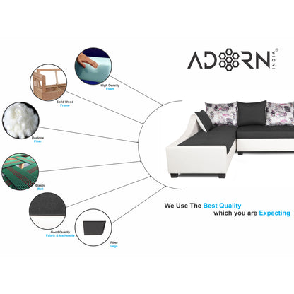 Adorn India Aliana L Shape Leatherette Fabric 6 Seater Sofa Set LHS (Dark Grey & White) (3 Year Warranty)