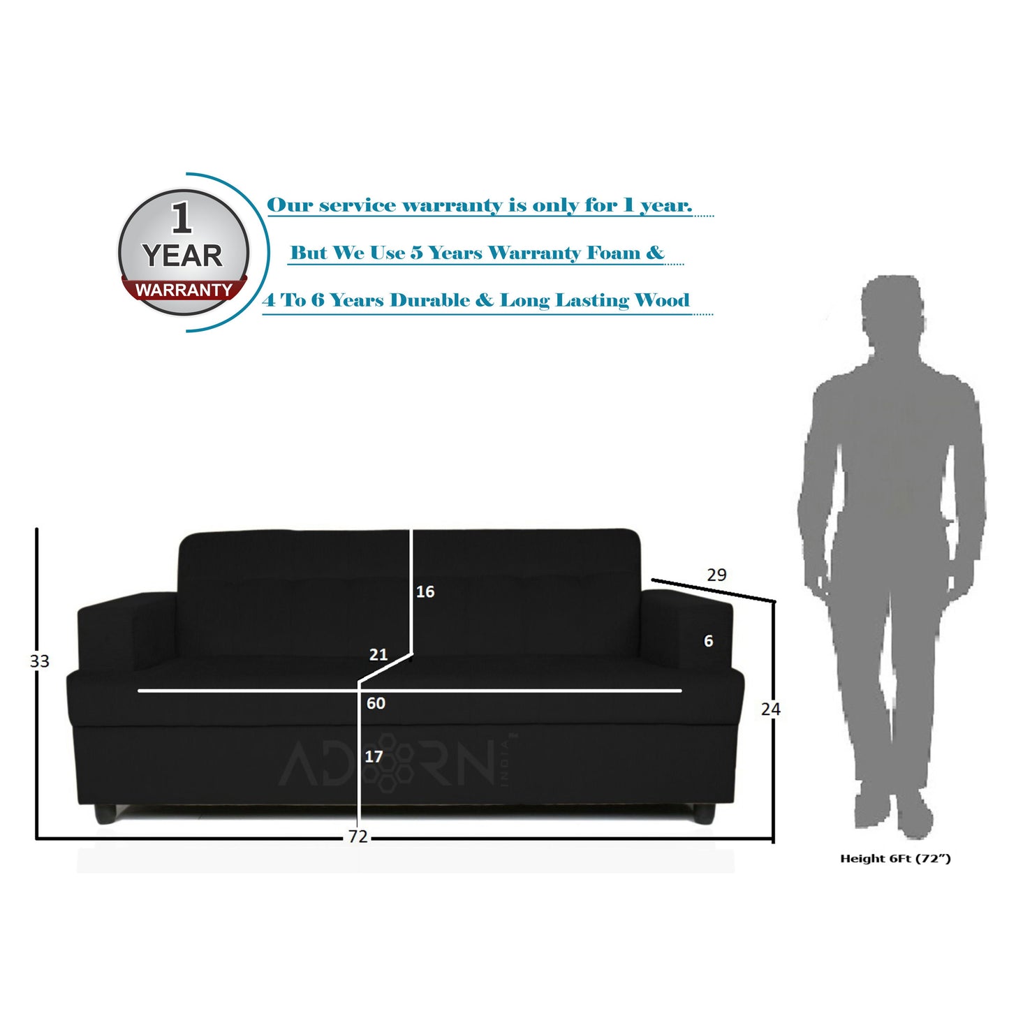 Adorn India Aleena 3 Seater Sofa(Black)