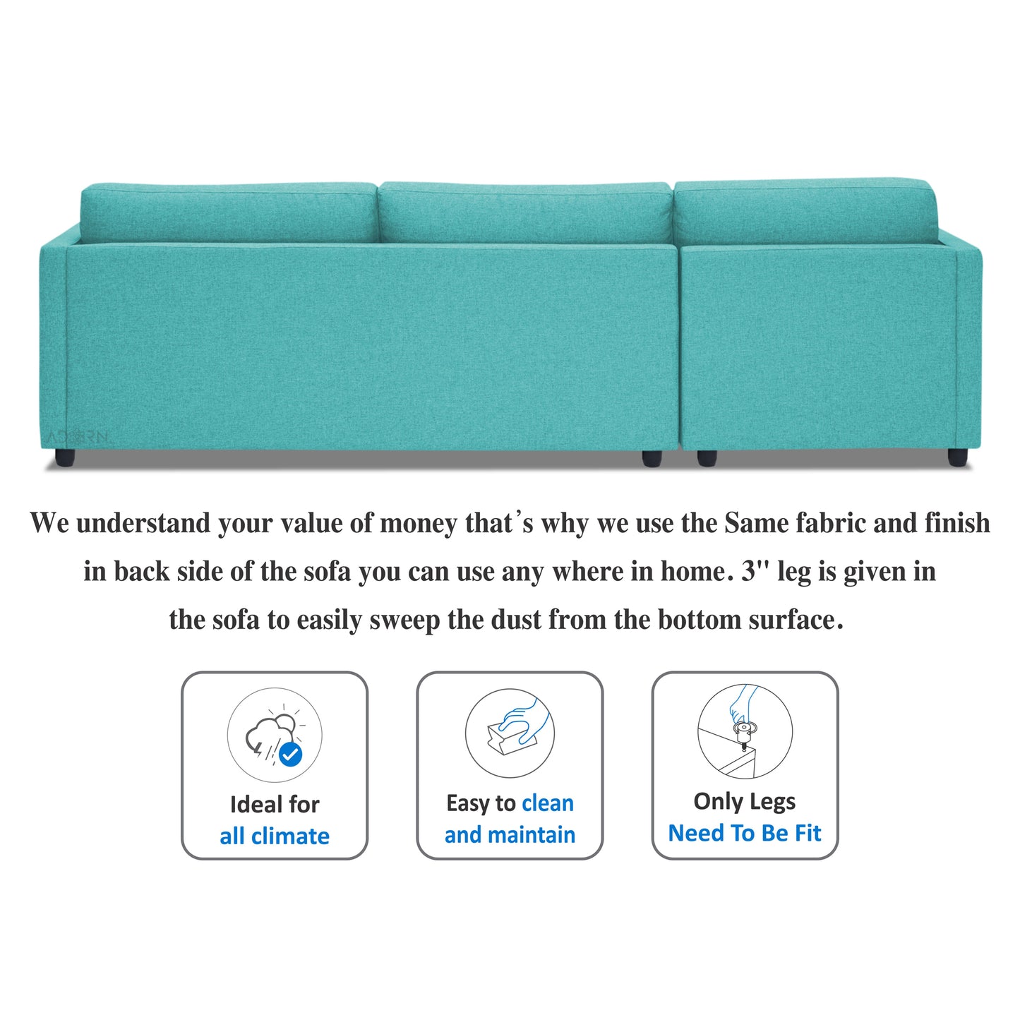 Adorn India Alexander L Shape 7 Seater Sofa Set with Ottoman Puffy LHS(Aqua Blue) (3 Year Warranty)