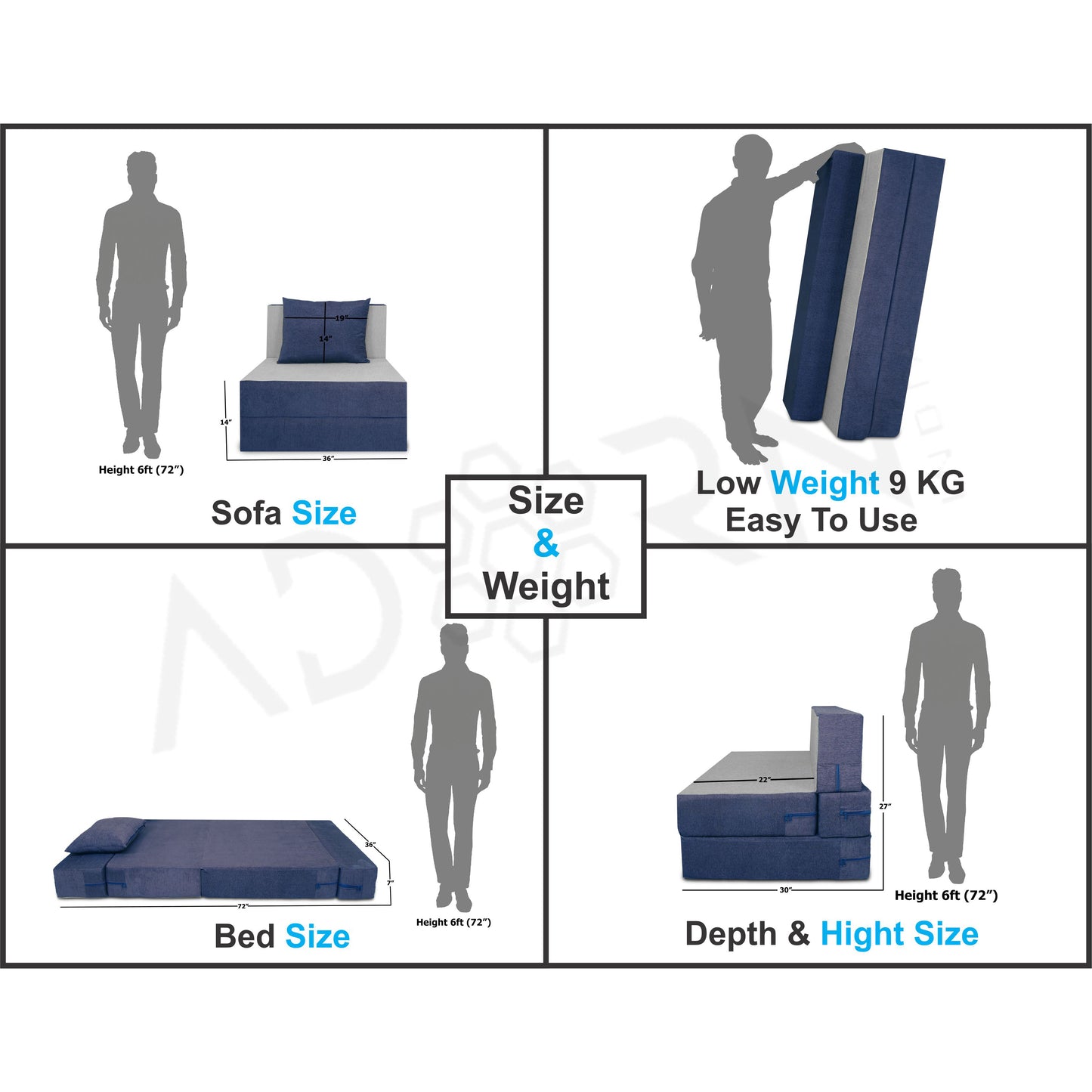 Adorn India Easy 2 Seater Sofa cumbed 3x6 (Blue & Grey) (1 Year Warranty)