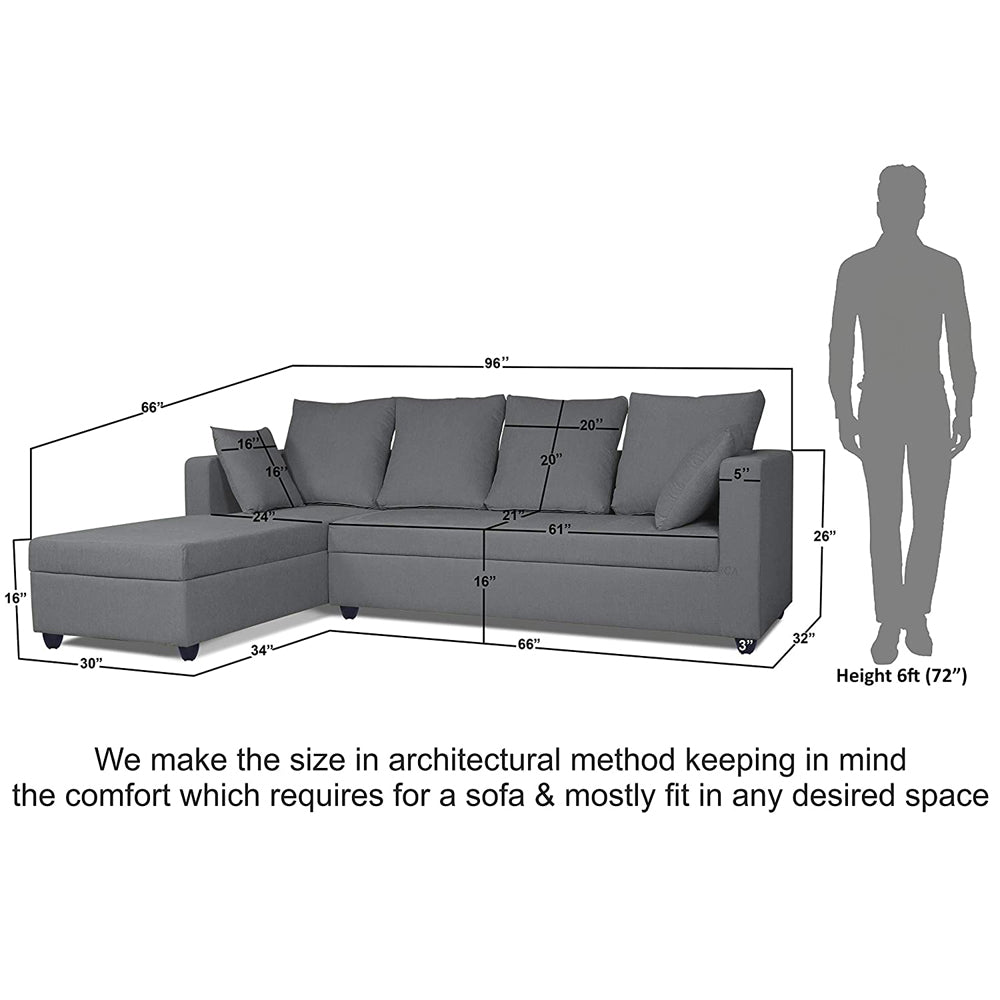 Adorn India Zink Straight line L Shape 6 Seater Sofa Plain Cushion (Left Side Handle)(Grey)
