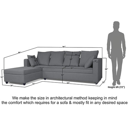Adorn India Zink Straight line L Shape 6 Seater Sofa Plain Cushion (Left Side Handle)(Grey)