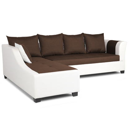 Adorn India Aliana L Shape Leatherette Fabric 6 Seater Sofa Set LHS (Brown & White) (3 Year Warranty)