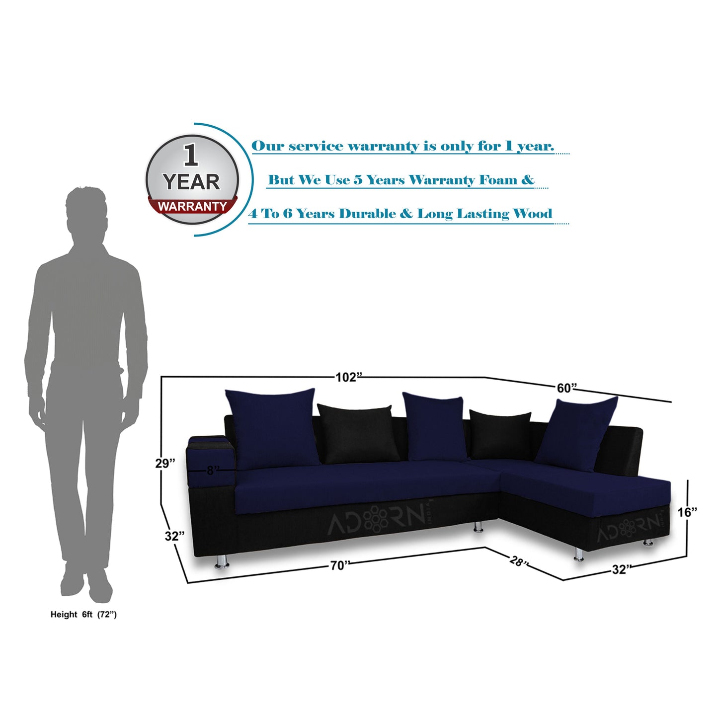 Adorn India Adillac 5 Seater Corner Sofa(Right Side)(Navy Blue & Black), Wood, Foam