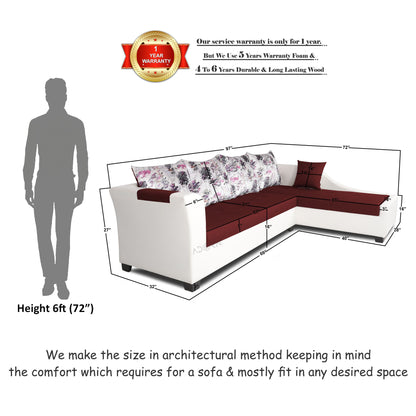 Adorn India Aliana L Shape Leatherette Fabric 6 Seater Sofa Set RHS (Maroon & White) (3 Year Warranty)